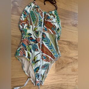 ABS Allen Schwartz Blue and Cream One Piece Swimsuit